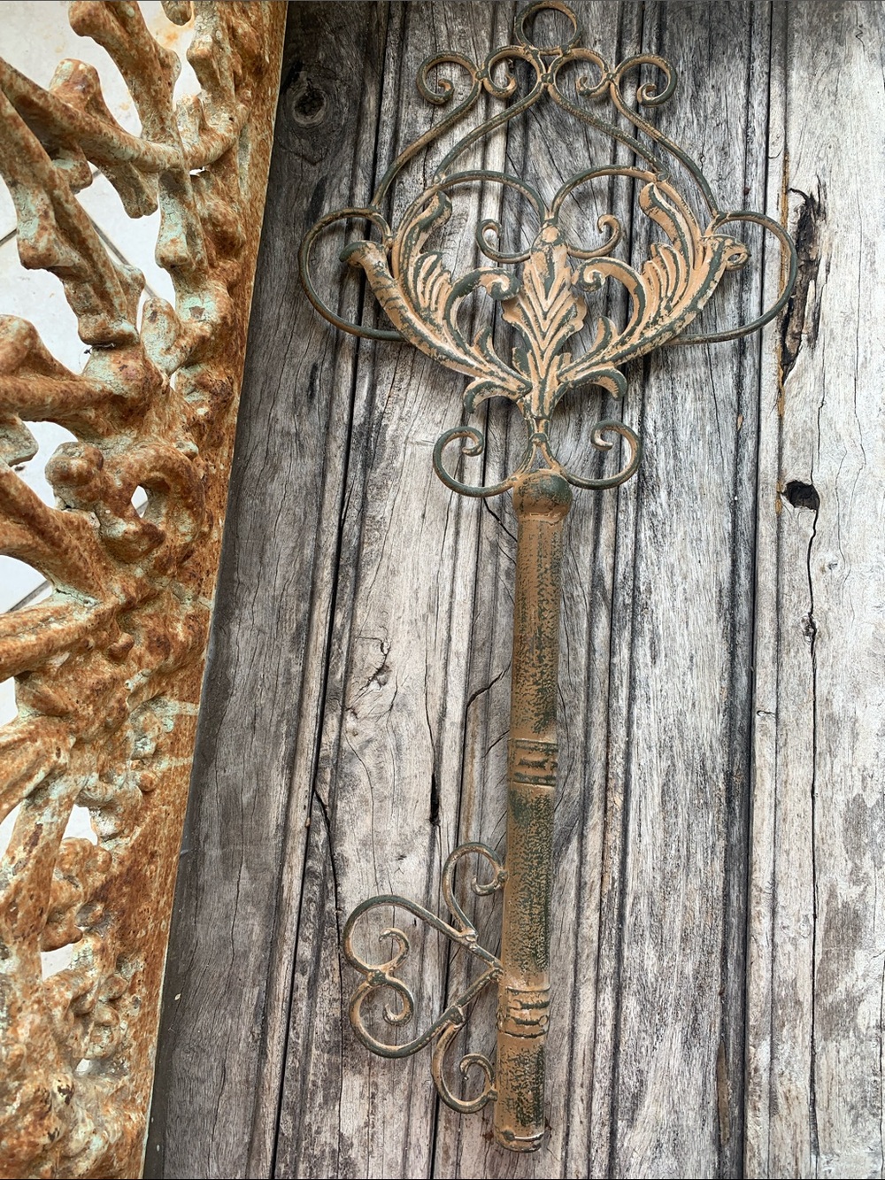 Oversized vintage decorative Skeleton Key in Distressed Terra Cotta and Brown
